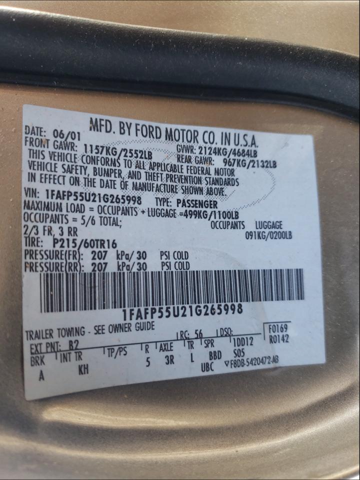 Photo 10 from auction – 2001 FORD TAURUS SES with VIN 1FAFP55U21G265998