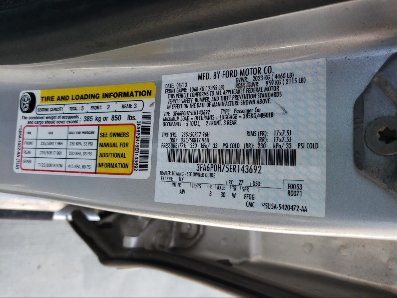 Photo 10 from auction – 2014 FORD FUSION SE with VIN 3FA6P0H75ER143692