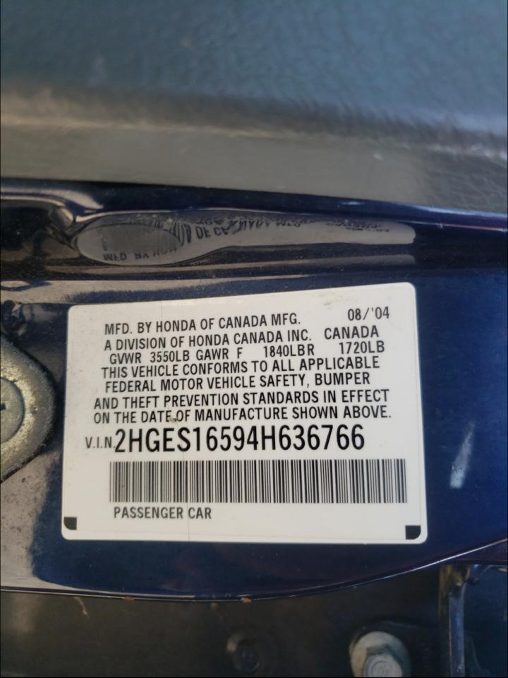 Photo 10 from auction – 2004 HONDA CIVIC with VIN 2HGES16594H636766