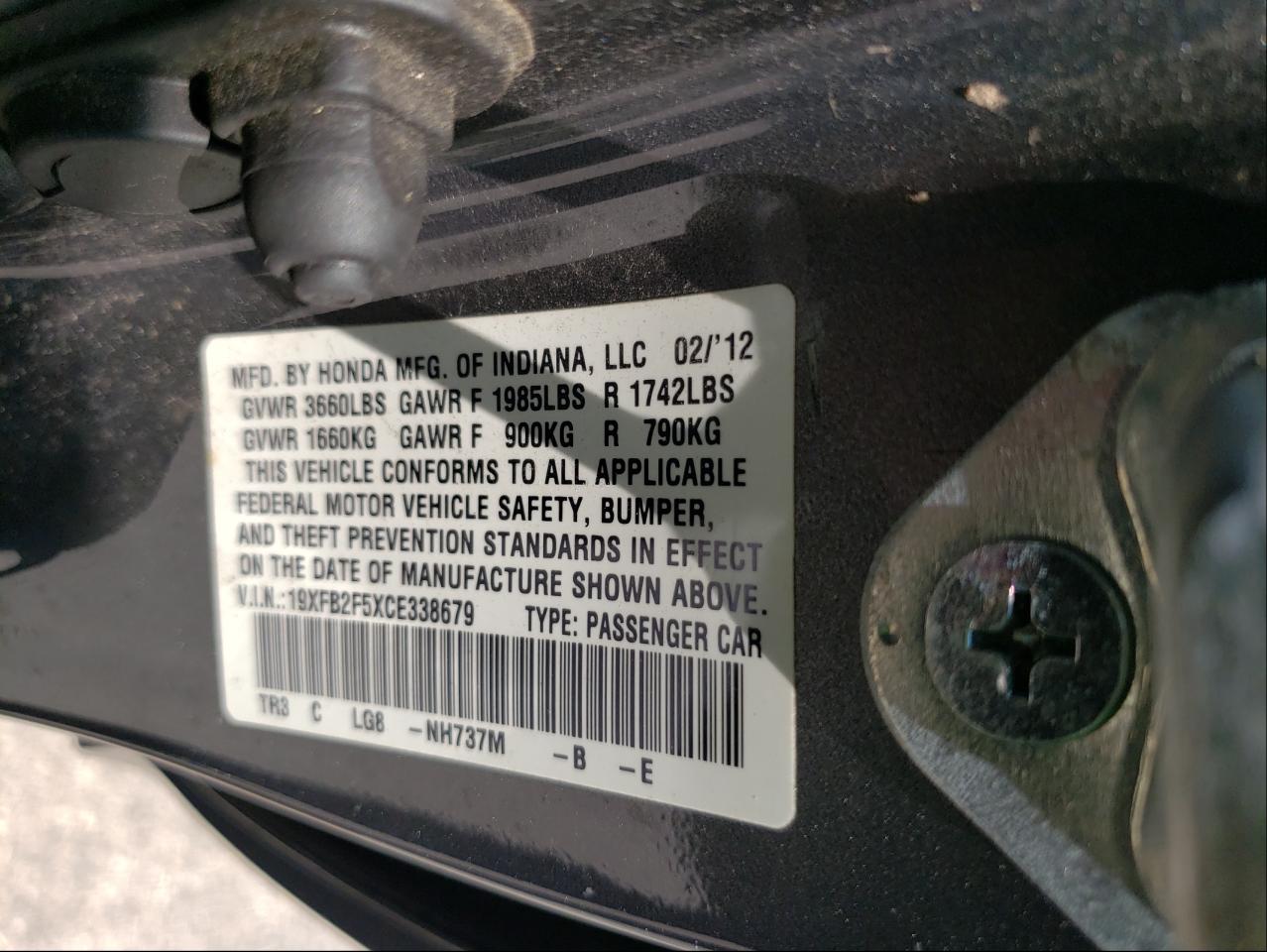 Photo 10 from auction – 2012 HONDA CIVIC LX with VIN 19XFB2F5XCE338679