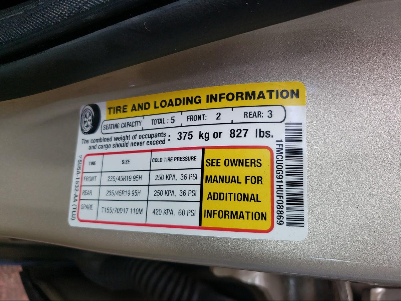Photo 10 from auction – 2017 FORD ESCAPE SE with VIN 1FMCU0G91HUF08869