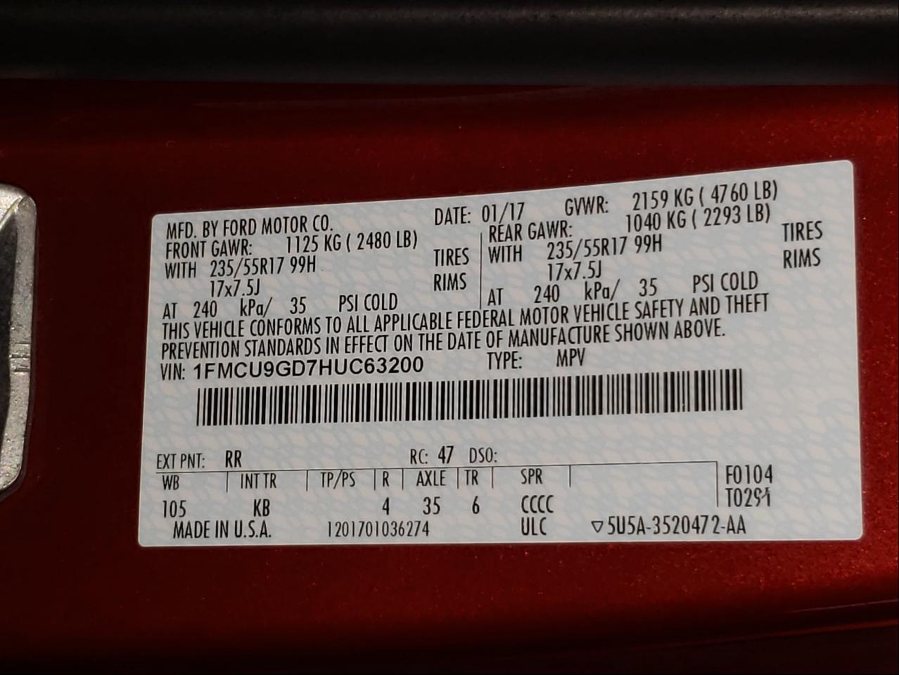 Photo 10 from auction – 2017 FORD ESCAPE SE with VIN 1FMCU9GD7HUC63200