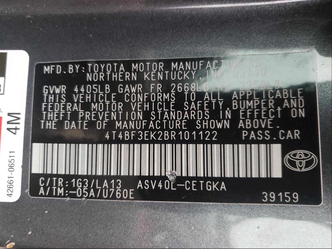 Photo 10 from auction – 2011 TOYOTA CAMRY BASE with VIN 4T4BF3EK2BR101122