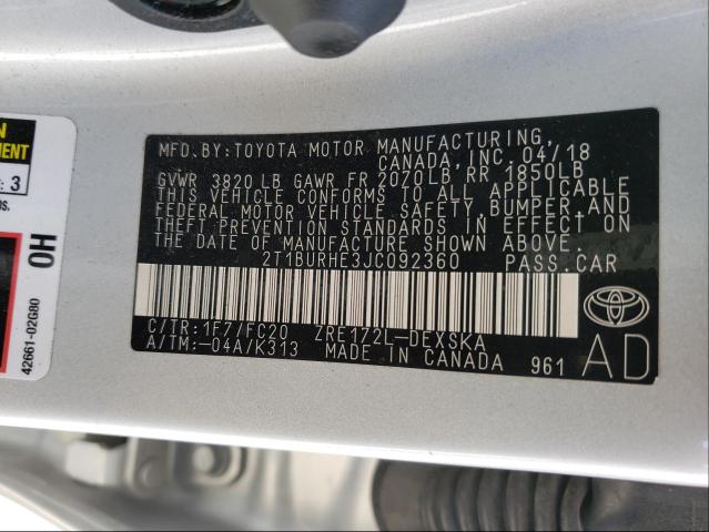 Photo 10 from auction – 2018 TOYOTA COROLLA L with VIN 2T1BURHE3JC092360