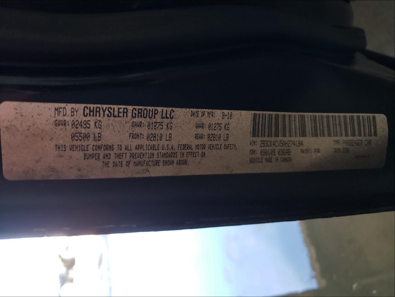 Photo 10 from auction – 2010 DODGE CHARGER with VIN 2B3CK4CV5AH274184