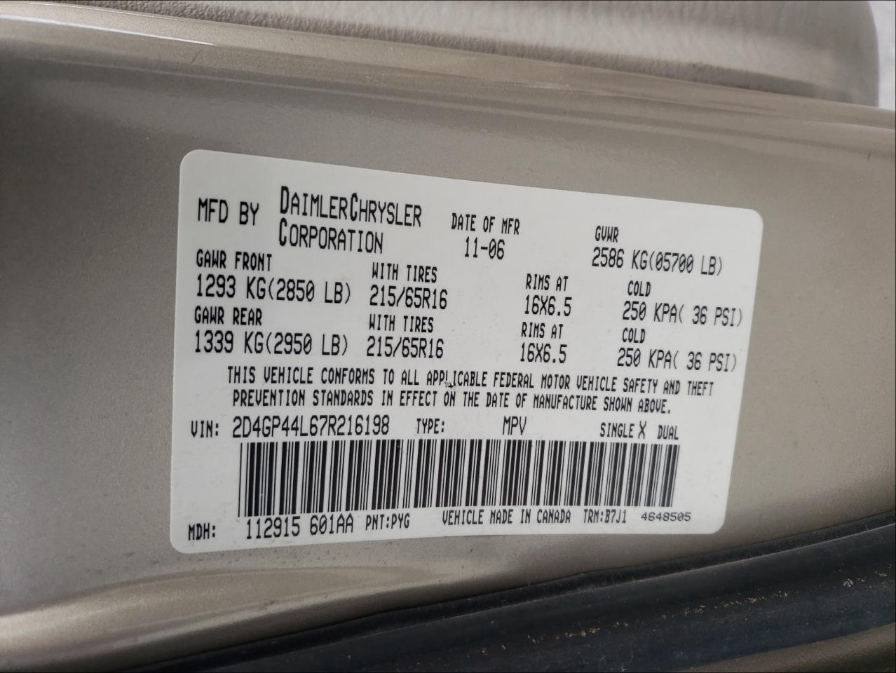 Photo 10 from auction – 2007 DODGE GRAND CARA with VIN 2D4GP44L67R216198