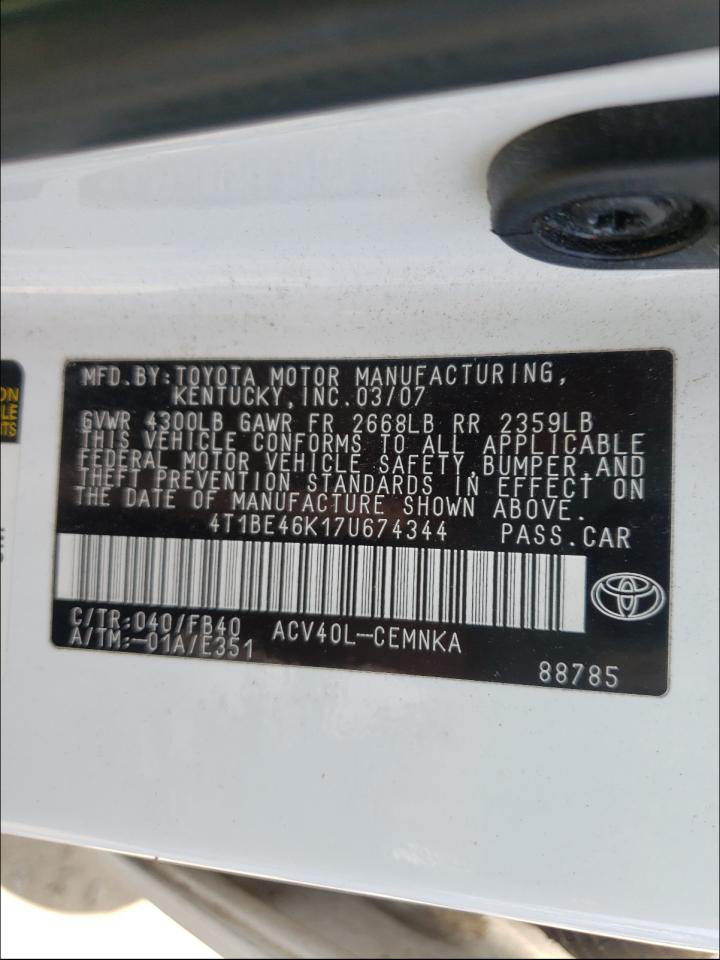 Photo 10 from auction – 2007 TOYOTA CAMRY CE with VIN 4T1BE46K17U674344