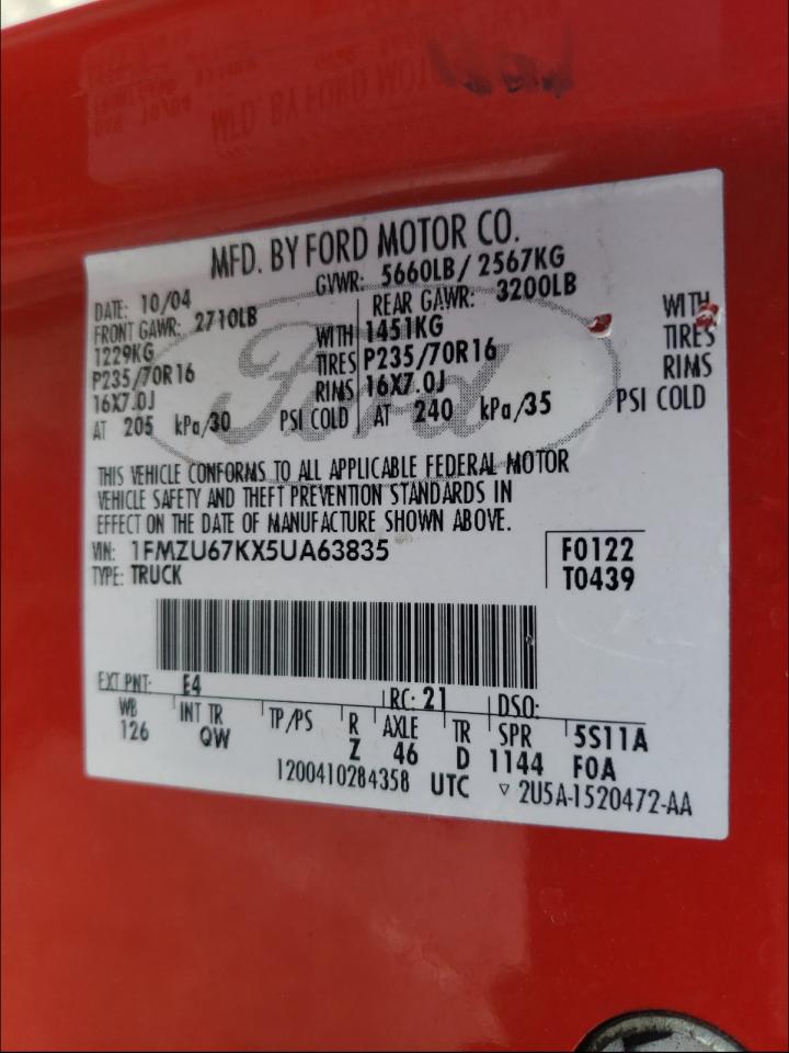 Photo 10 from auction – 2005 FORD EXPLORER S with VIN 1FMZU67KX5UA63835