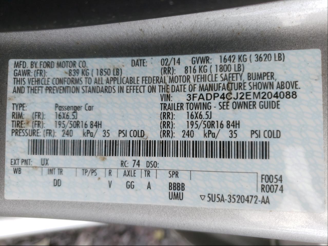 Photo 10 from auction – 2014 FORD FIESTA TIT with VIN 3FADP4CJ2EM204088