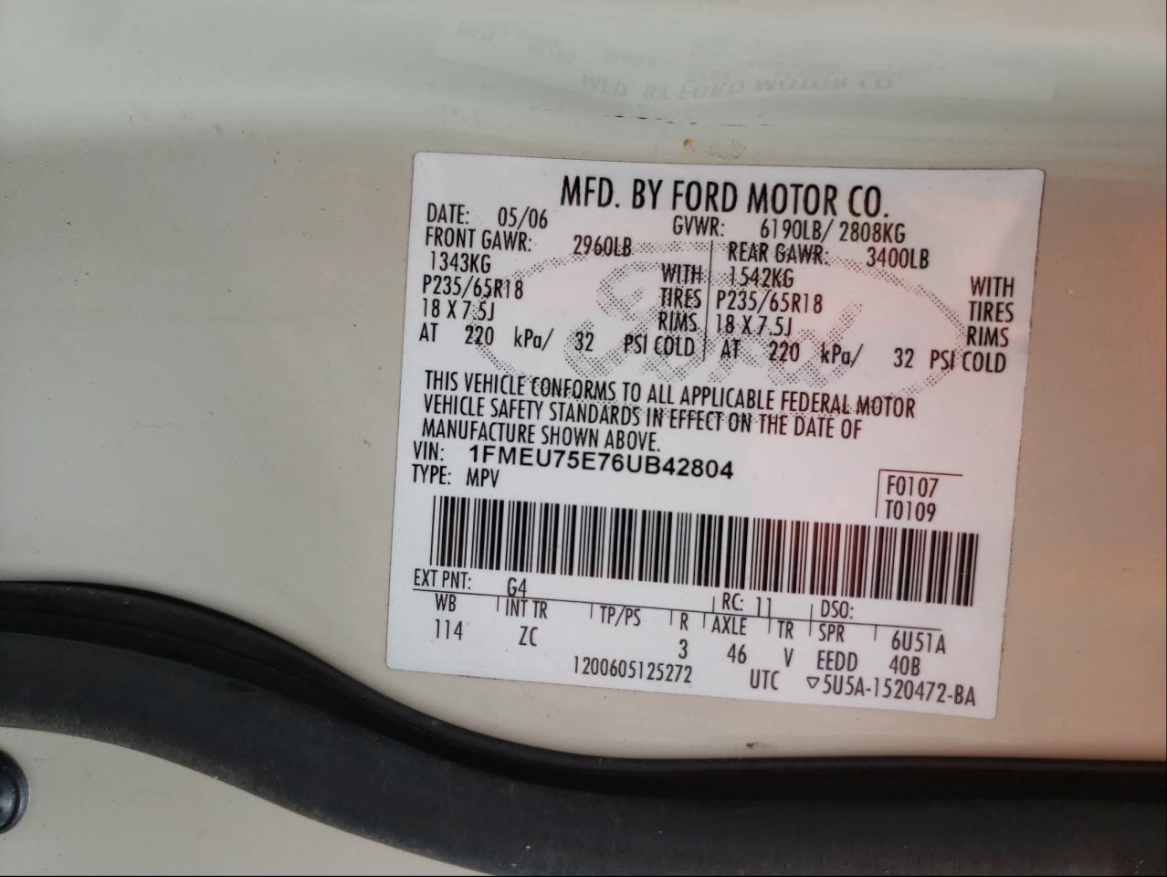 Photo 10 from auction – 2006 FORD EXPLORER L with VIN 1FMEU75E76UB42804