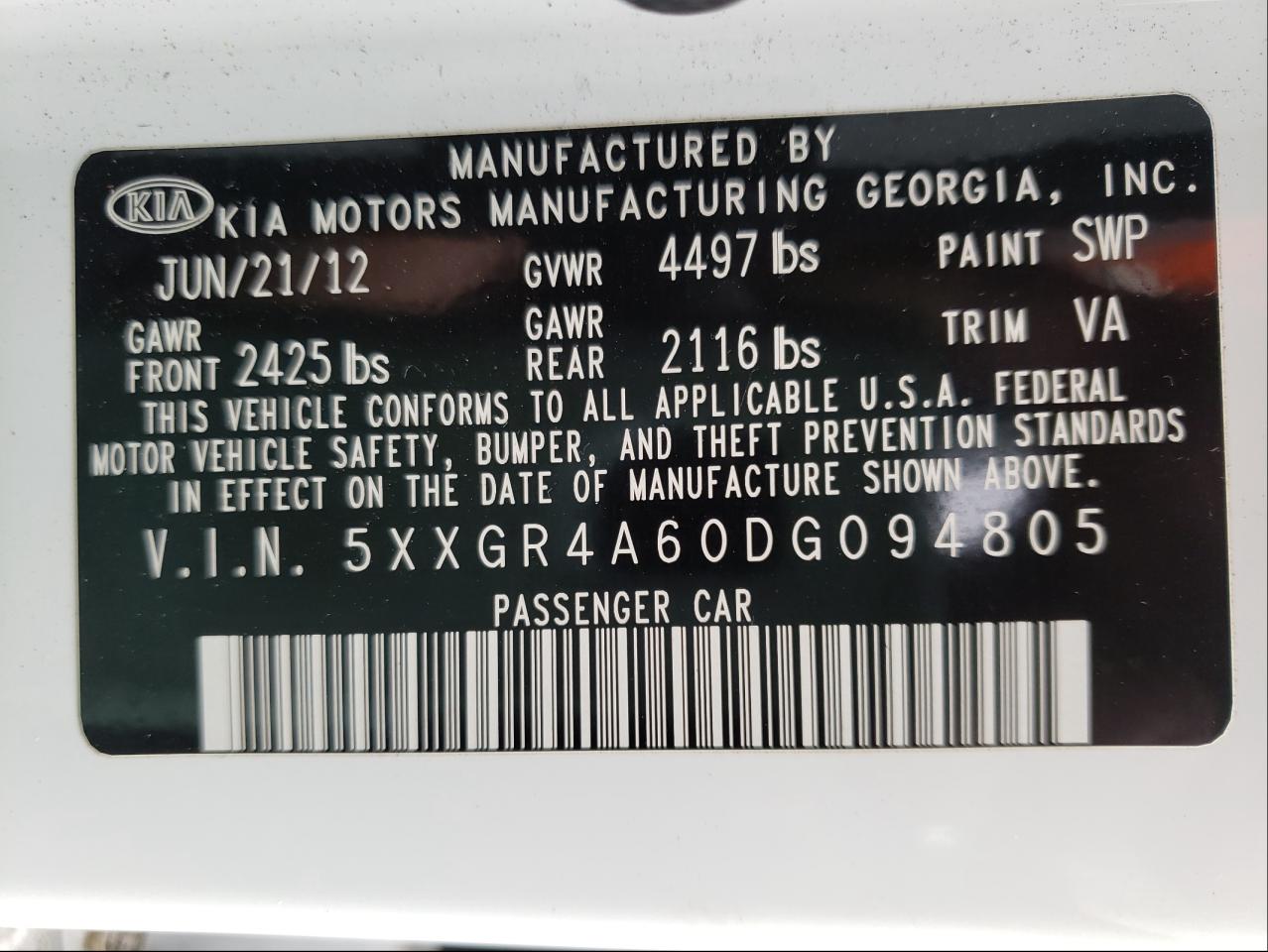 Photo 10 from auction – 2013 KIA OPTIMA SX with VIN 5XXGR4A60DG094805