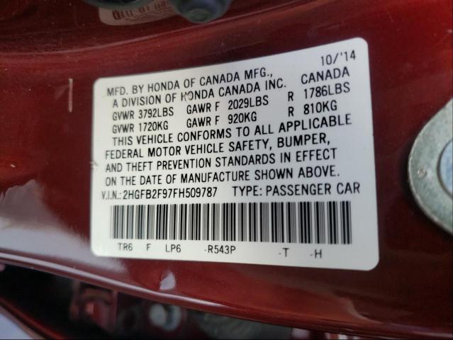Photo 10 from auction – 2015 HONDA CIVIC EXL with VIN 2HGFB2F97FH509787