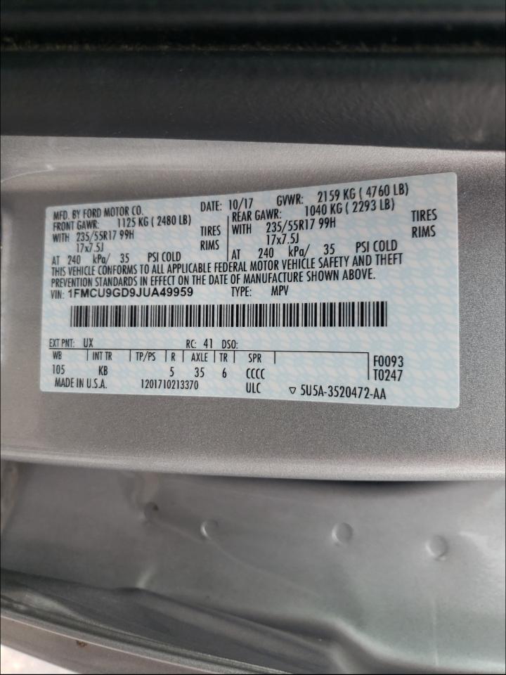Photo 10 from auction – 2018 FORD ESCAPE SE with VIN 1FMCU9GD9JUA49959