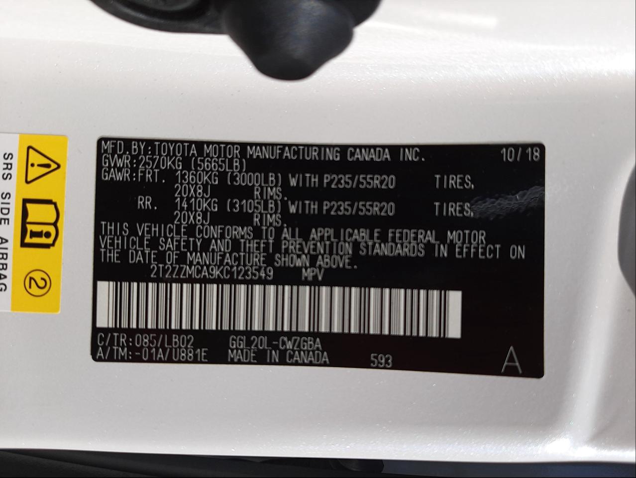 Photo 10 from auction – 2019 LEXUS RX 350 BAS with VIN 2T2ZZMCA9KC123549