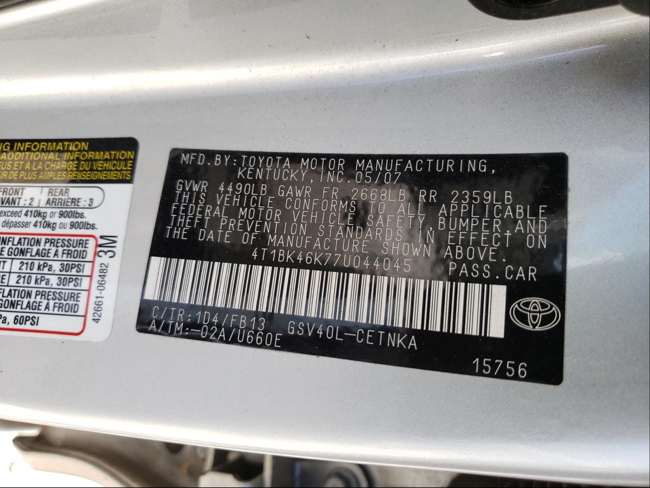 Photo 10 from auction – 2007 TOYOTA CAMRY LE with VIN 4T1BK46K77U044045