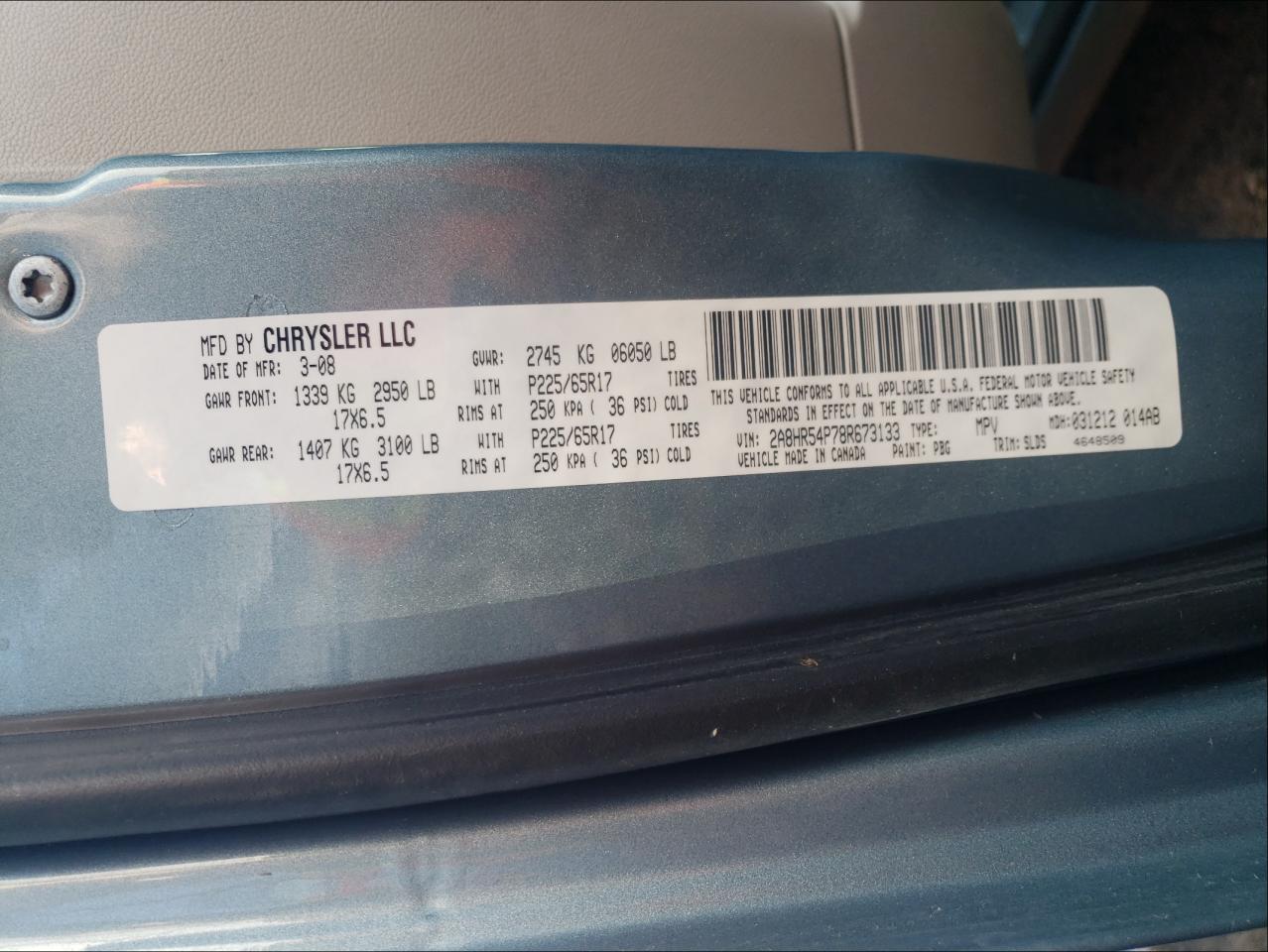 Photo 10 from auction – 2008 CHRYSLER TOWN & COU with VIN 2A8HR54P78R673133