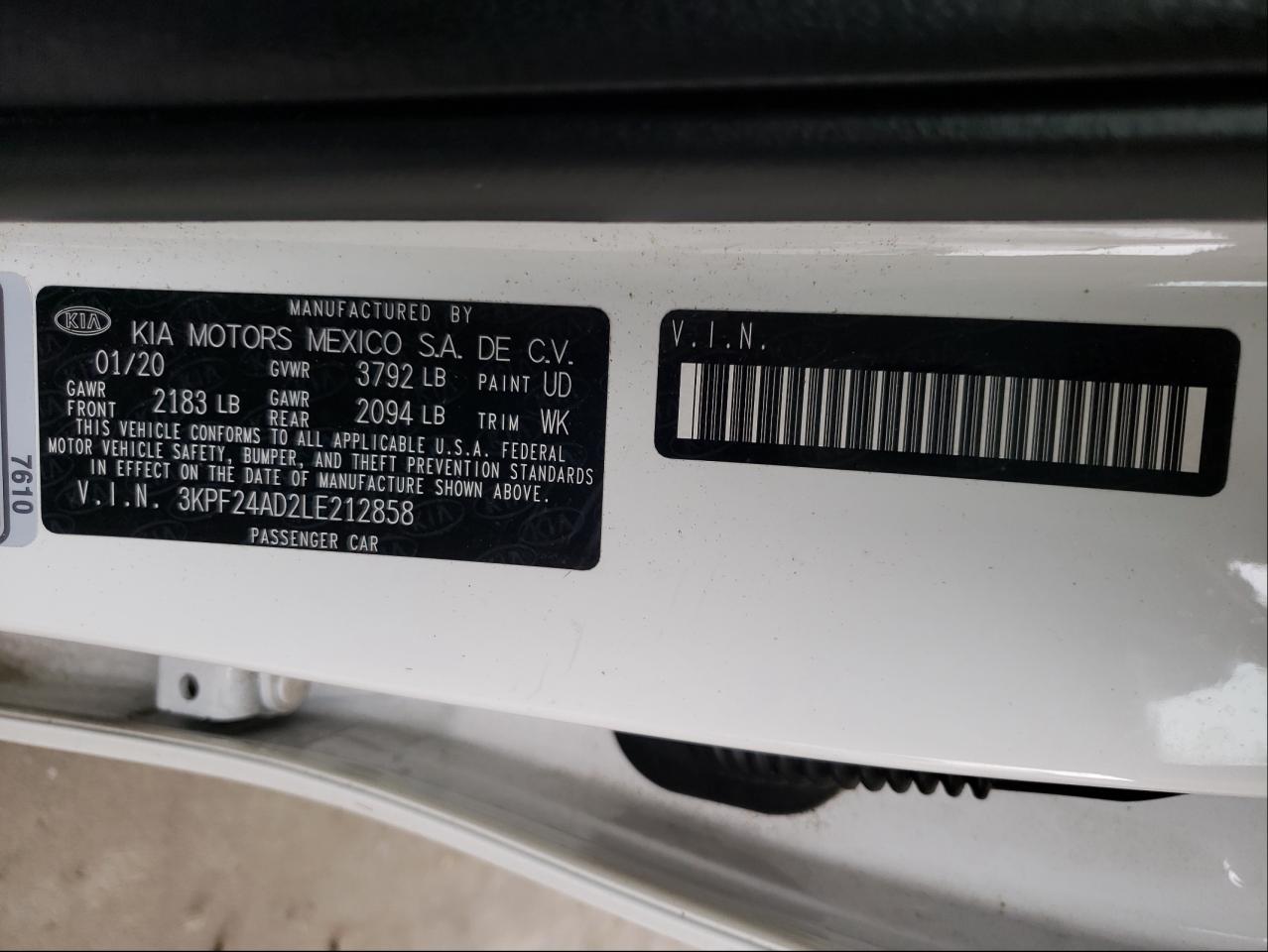 Photo 10 from auction – 2020 KIA FORTE FE with VIN 3KPF24AD2LE212858