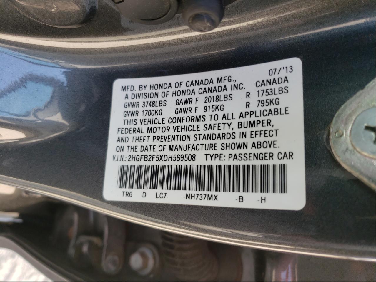 Photo 10 from auction – 2013 HONDA CIVIC LX with VIN 2HGFB2F5XDH569508