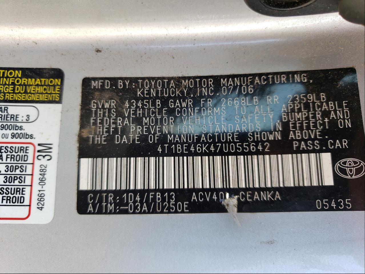 Photo 10 from auction – 2007 TOYOTA CAMRY CE with VIN 4T1BE46K47U055642