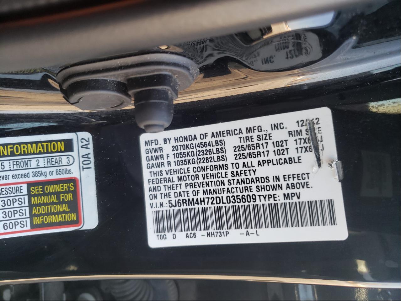 Photo 10 from auction – 2013 HONDA CR-V EXL with VIN 5J6RM4H72DL035609