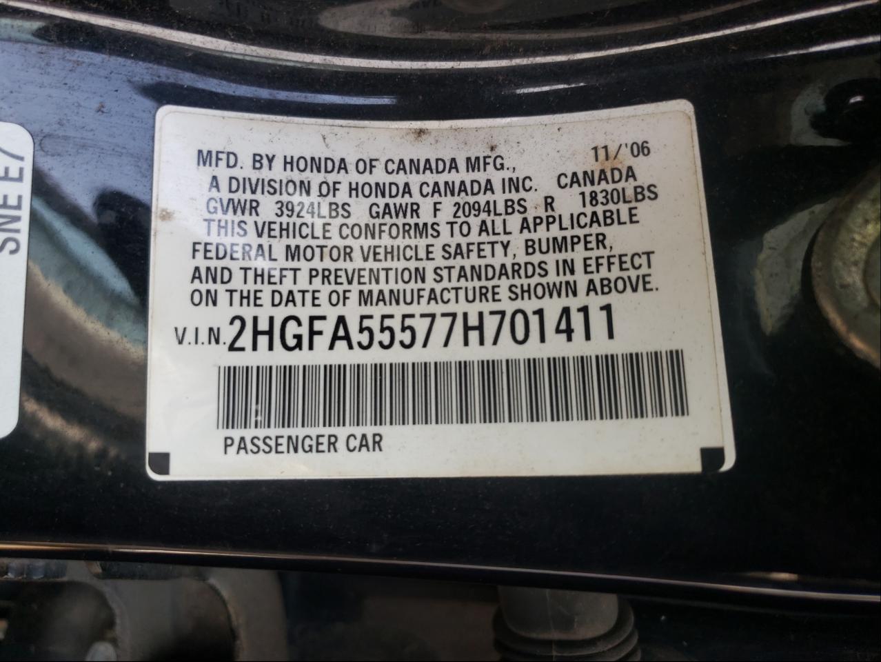 Photo 10 from auction – 2007 HONDA CIVIC SI with VIN 2HGFA55577H701411