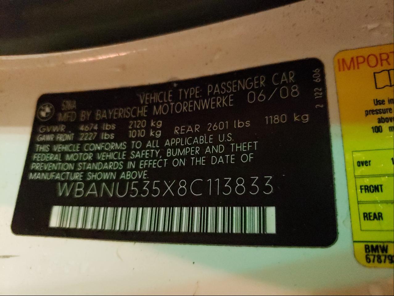 Photo 10 from auction – 2008 BMW 528 I with VIN WBANU535X8C113833