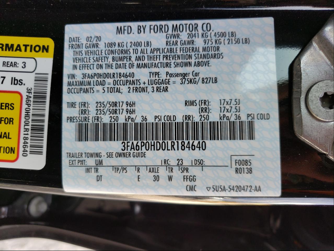 Photo 10 from auction – 2020 FORD FUSION SE with VIN 3FA6P0HD0LR184640