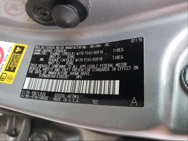 Photo 10 from auction – 2015 TOYOTA HIGHLANDER with VIN 5TDKKRFH4FS100287