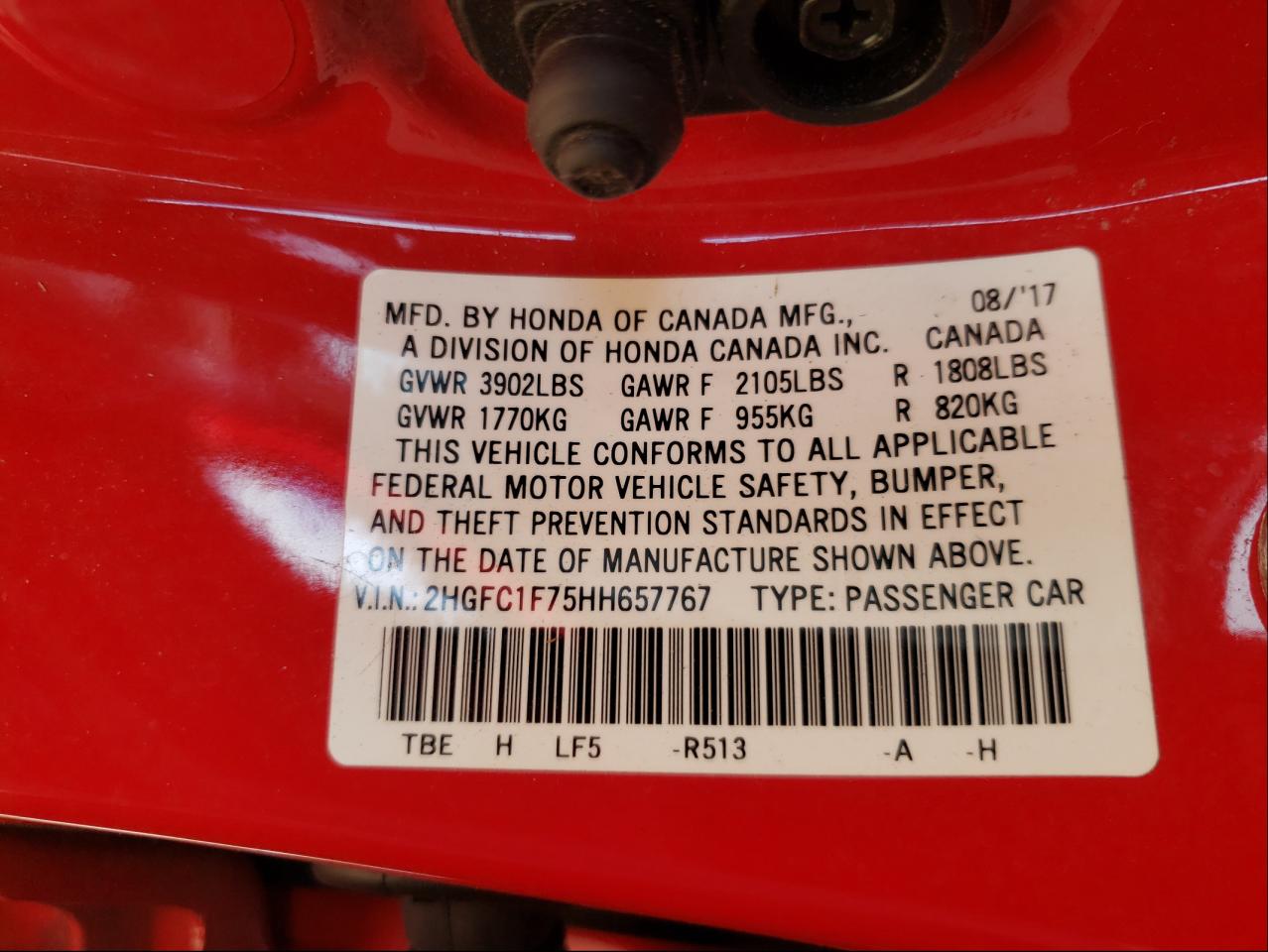Photo 10 from auction – 2017 HONDA CIVIC EXL with VIN 2HGFC1F75HH657767
