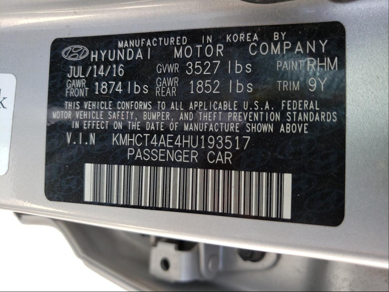 Photo 10 from auction – 2017 HYUNDAI ACCENT SE with VIN KMHCT4AE4HU193517