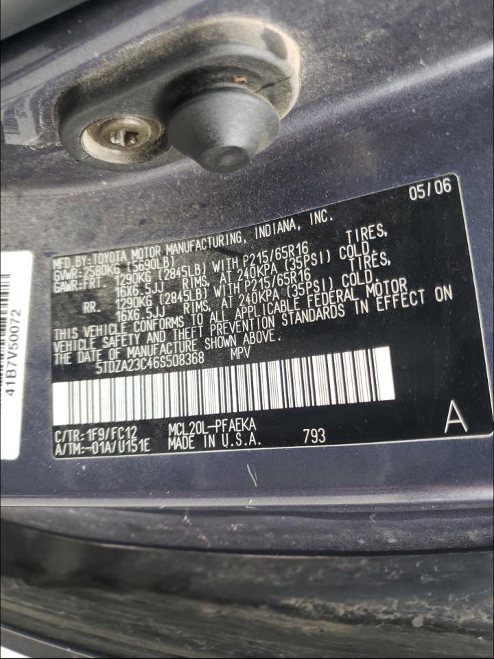 Photo 10 from auction – 2006 TOYOTA SIENNA with VIN 5TDZA23C46S508368