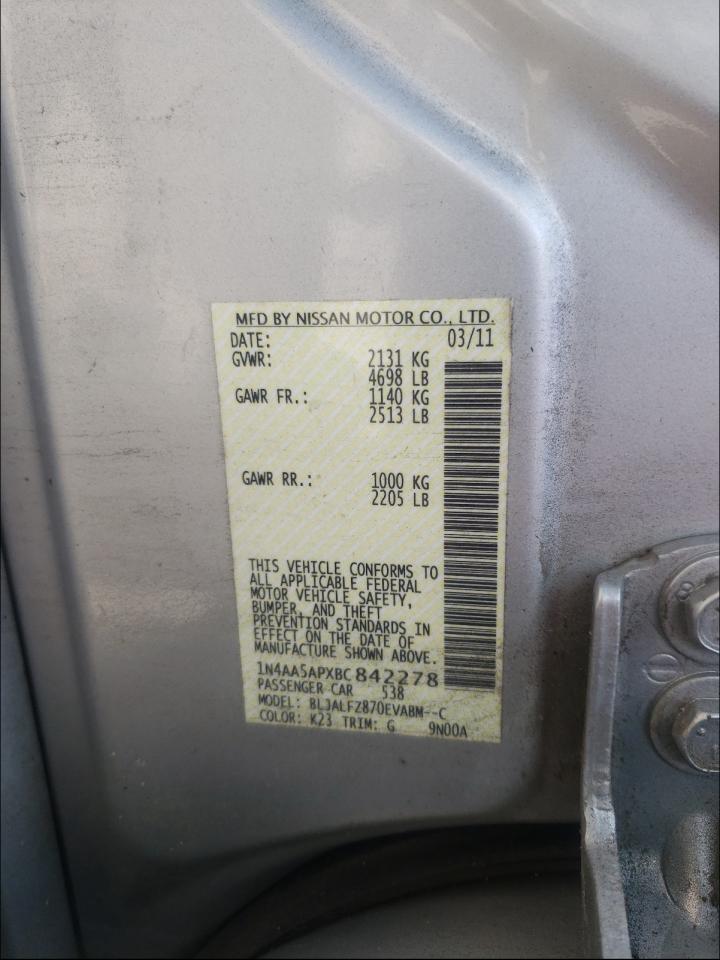 Photo 10 from auction – 2011 NISSAN MAXIMA S with VIN 1N4AA5APXBC842278
