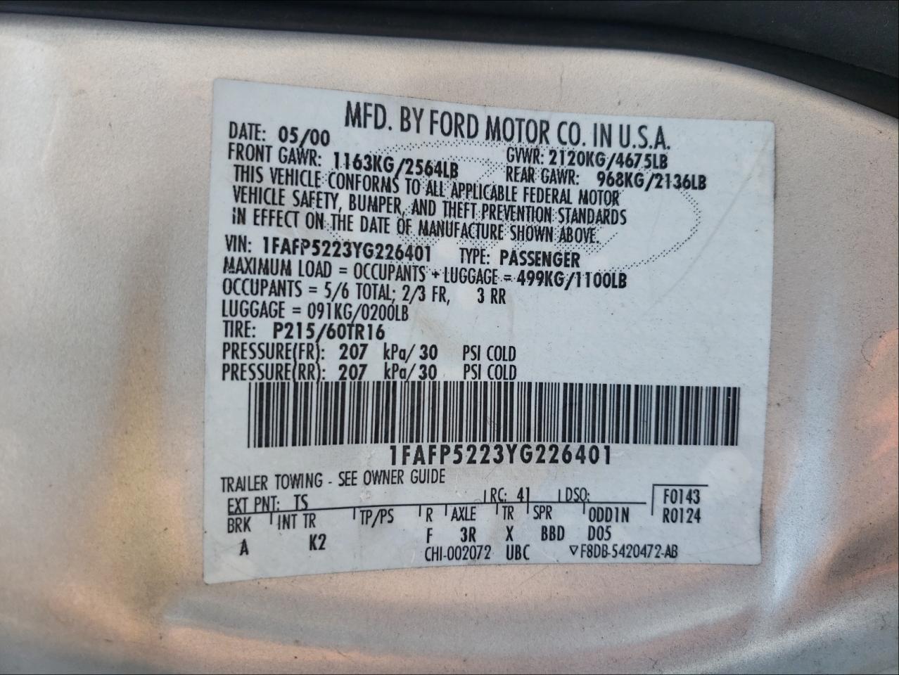 Photo 10 from auction – 2000 FORD TAURUS LX with VIN 1FAFP5223YG226401