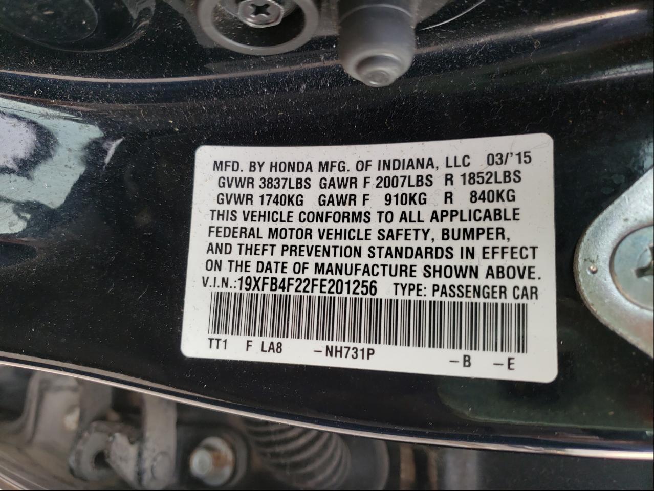 Photo 10 from auction – 2015 HONDA CIVIC HYBR with VIN 19XFB4F22FE201256
