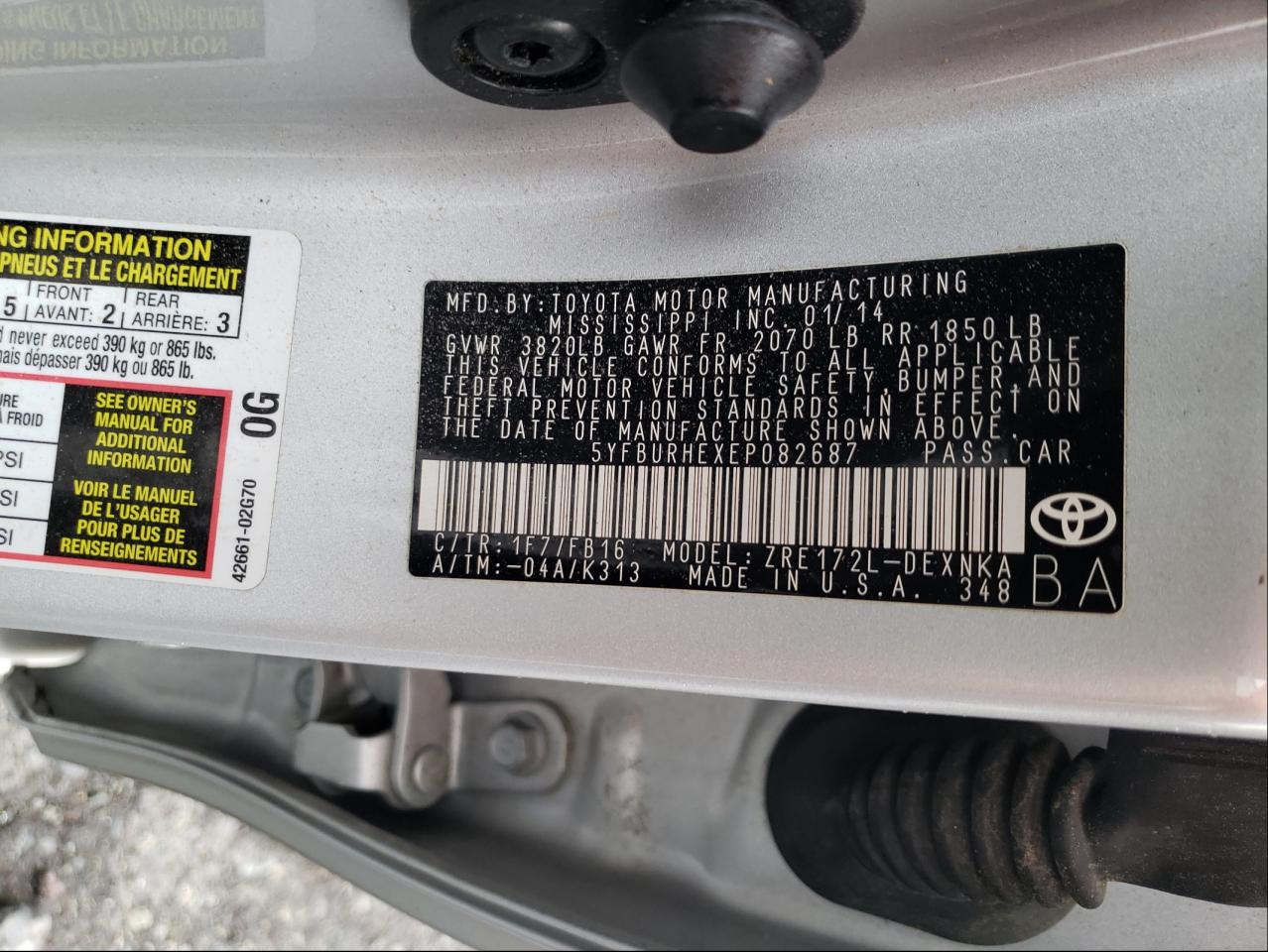 Photo 10 from auction – 2014 TOYOTA COROLLA L with VIN 5YFBURHEXEP082687