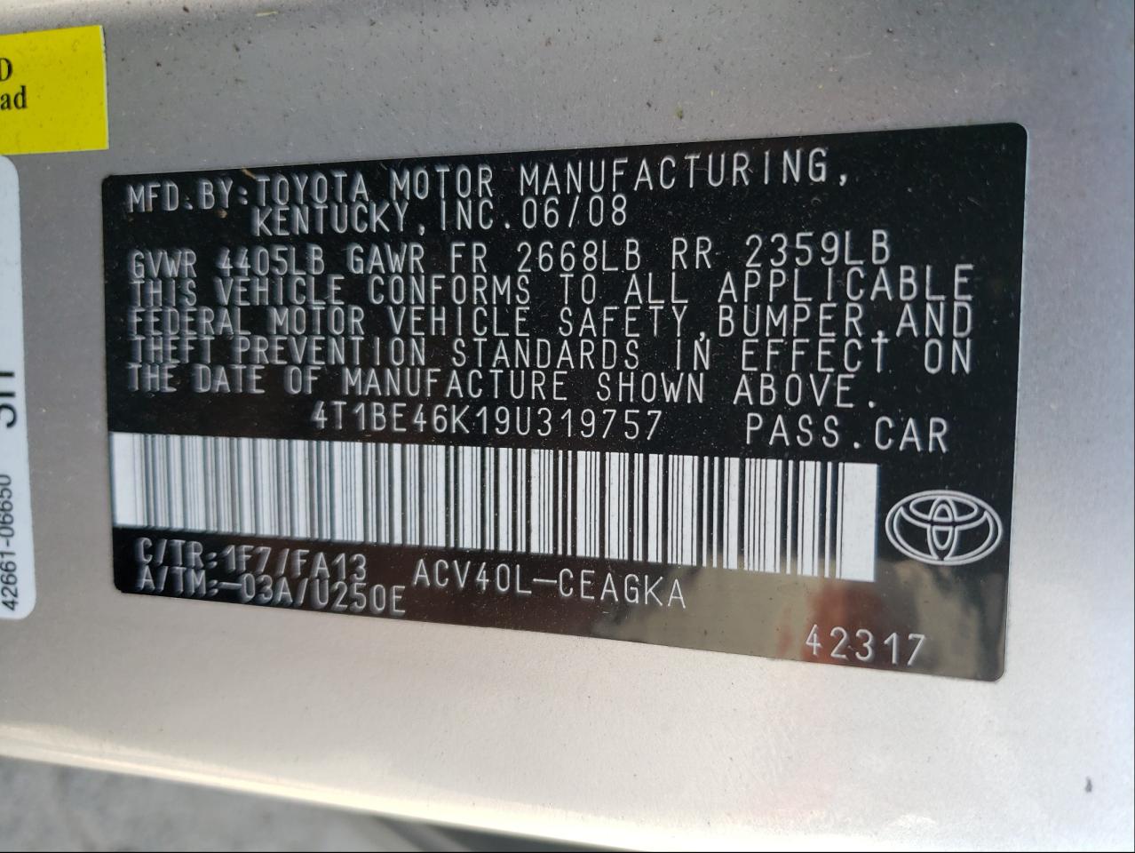 Photo 10 from auction – 2009 TOYOTA CAMRY BASE with VIN 4T1BE46K19U319757