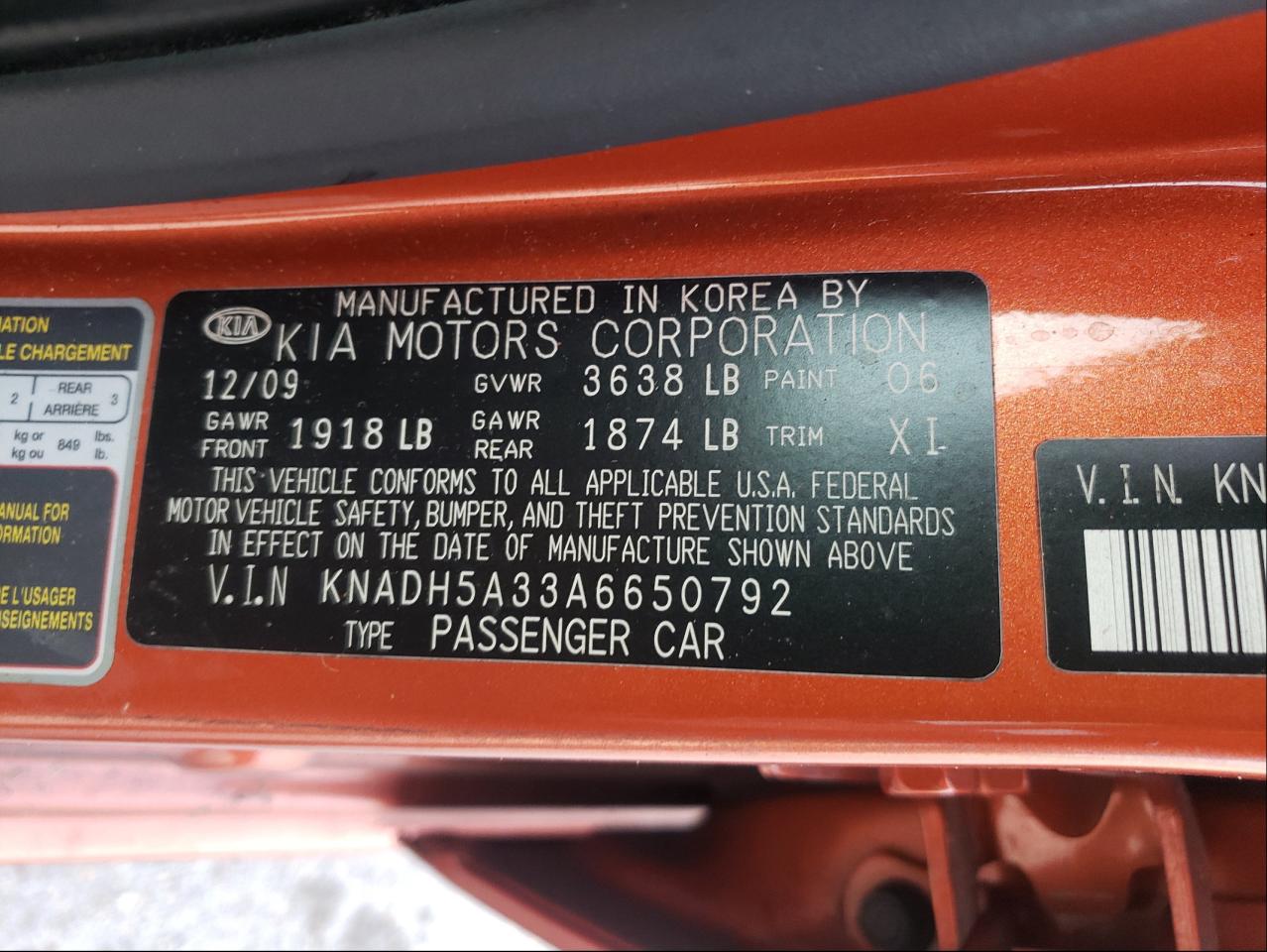 Photo 10 from auction – 2010 KIA RIO LX with VIN KNADH5A33A6650792
