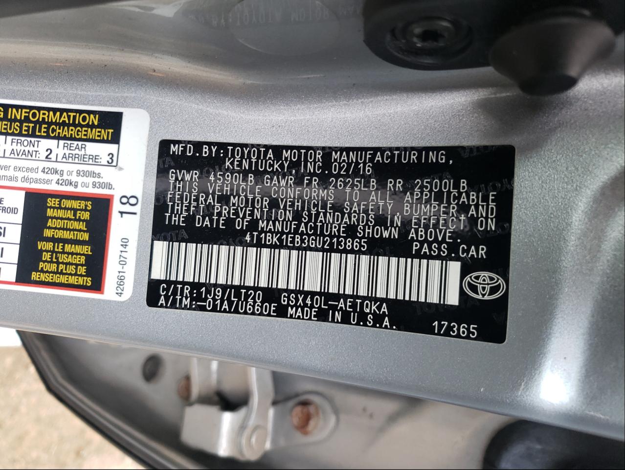 Photo 10 from auction – 2016 TOYOTA AVALON XLE with VIN 4T1BK1EB3GU213865