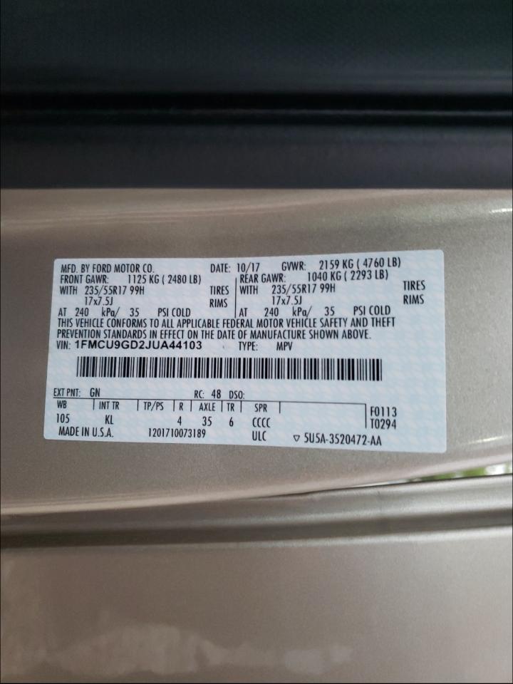 Photo 10 from auction – 2018 FORD ESCAPE SE with VIN 1FMCU9GD2JUA44103