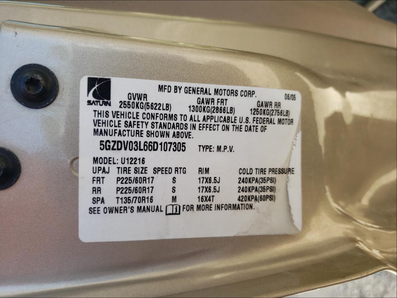 Photo 10 from auction – 2006 SATURN RELAY 2 with VIN 5GZDV03L66D107305