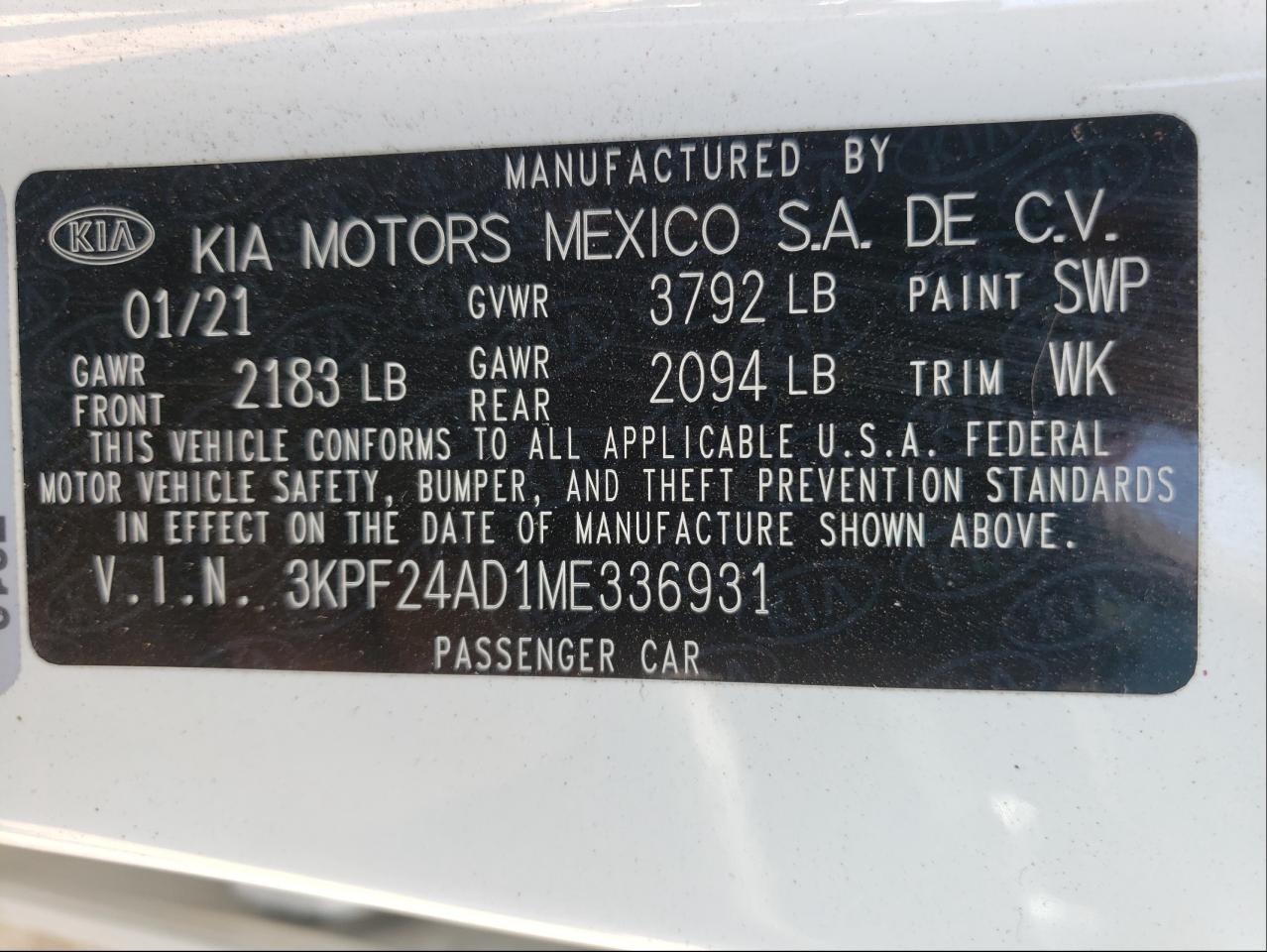 Photo 10 from auction – 2021 KIA FORTE FE with VIN 3KPF24AD1ME336931