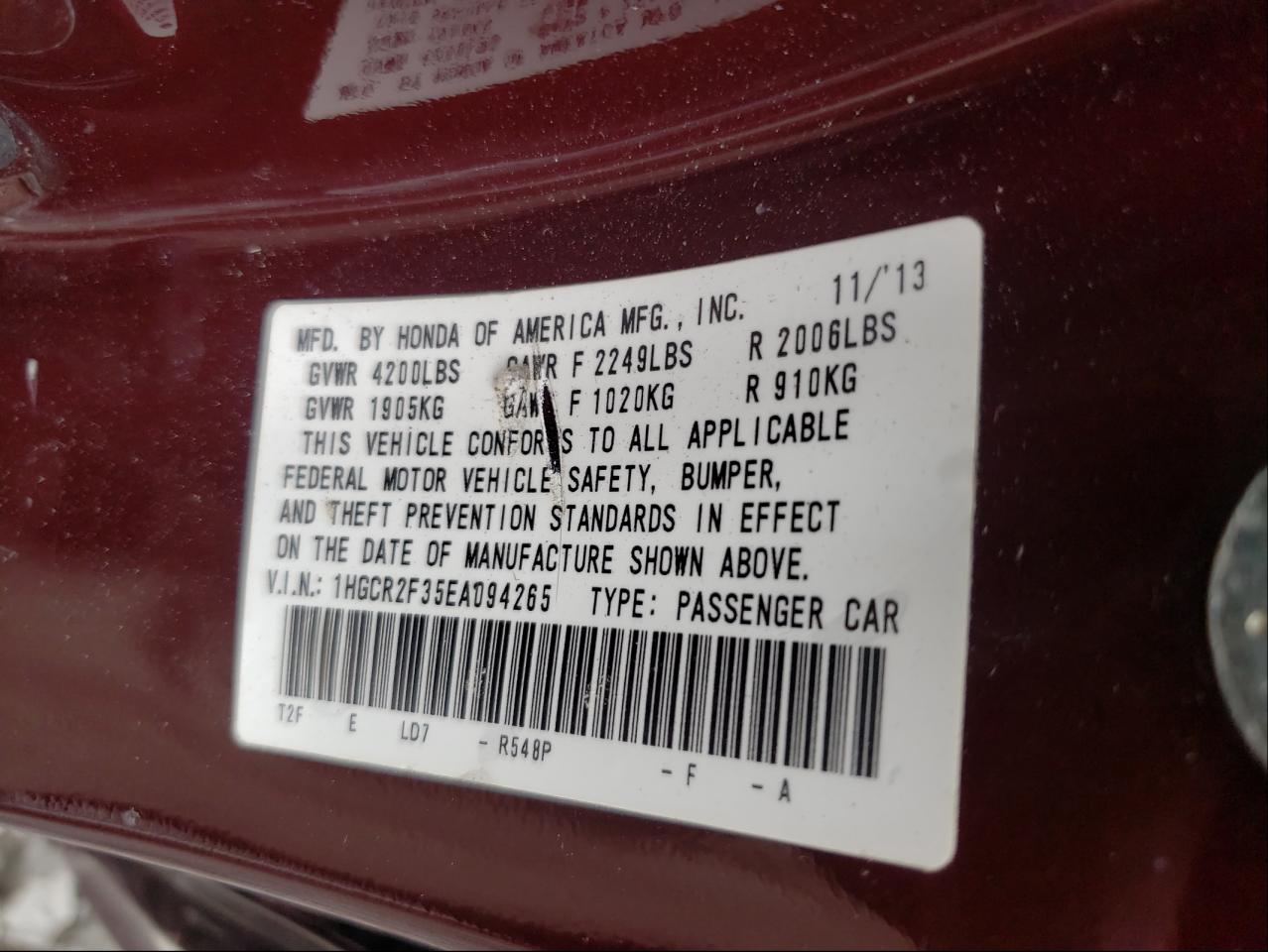 Photo 10 from auction – 2014 HONDA ACCORD LX with VIN 1HGCR2F35EA094265