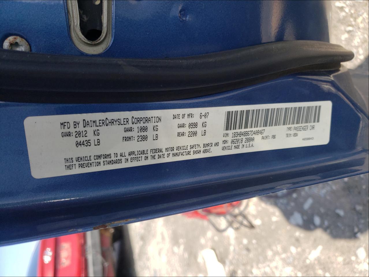 Photo 10 from auction – 2007 DODGE CALIBER SX with VIN 1B3HB48B67D408467