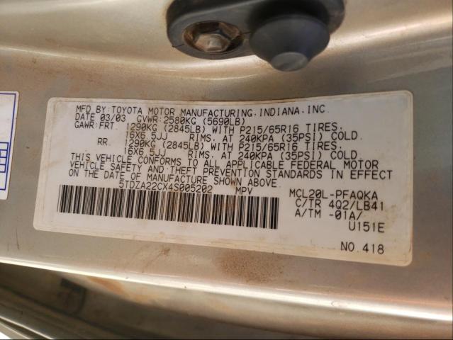 Photo 10 from auction – 2004 TOYOTA SIENNA XLE with VIN 5TDZA22CX4S005202