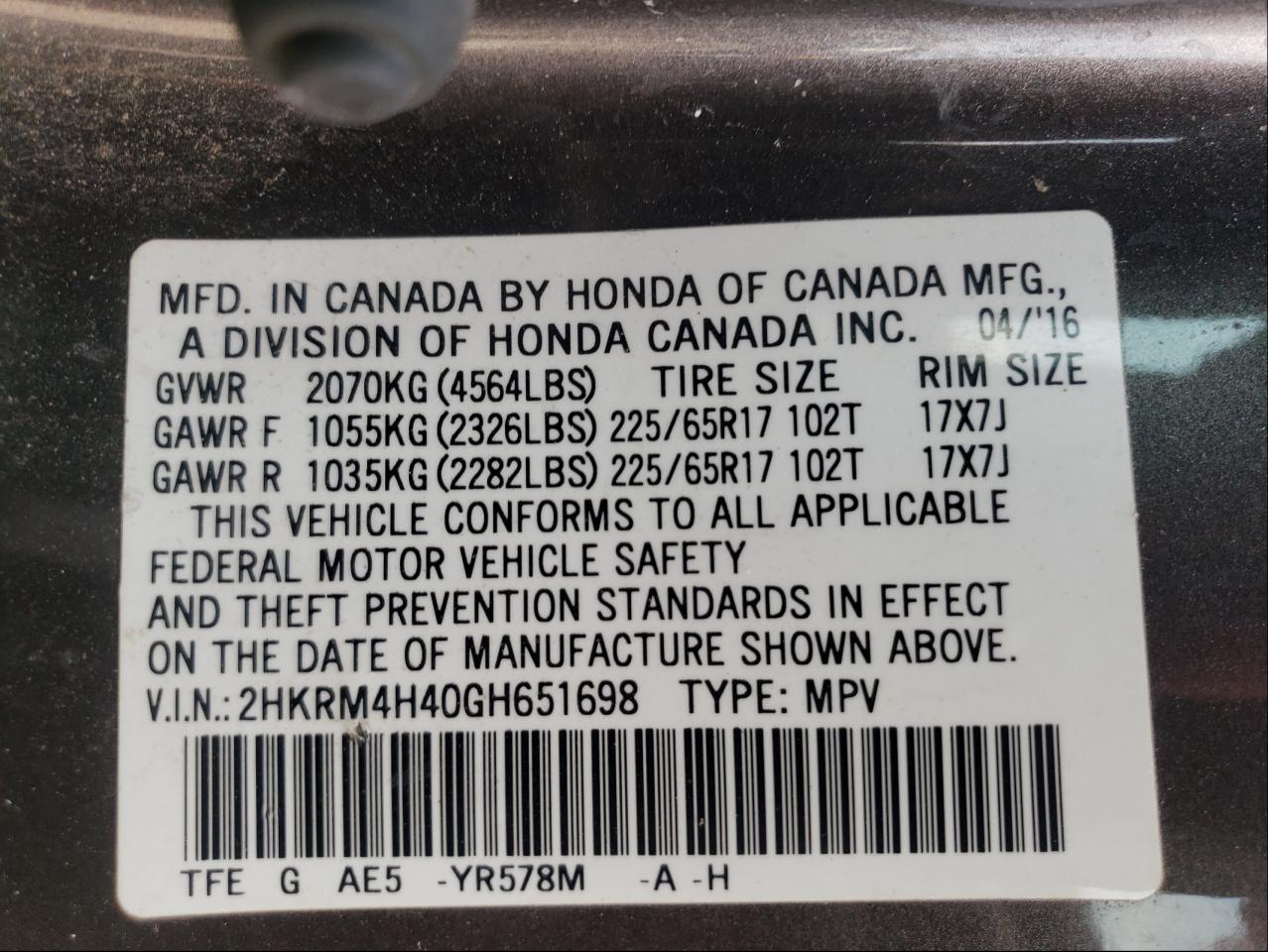 Photo 10 from auction – 2016 HONDA CR-V SE with VIN 2HKRM4H40GH651698