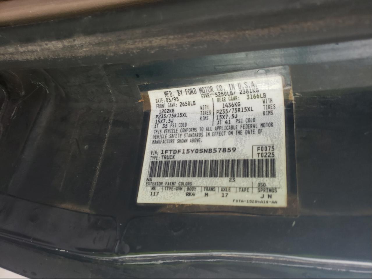 Photo 10 from auction – 1995 FORD F150 with VIN 1FTDF15Y0SNB57859