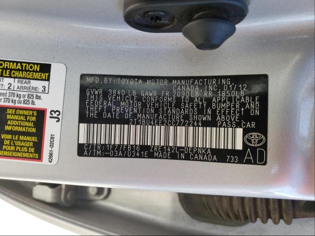 Photo 10 from auction – 2012 TOYOTA COROLLA BA with VIN 2T1BU4EE2CC772244