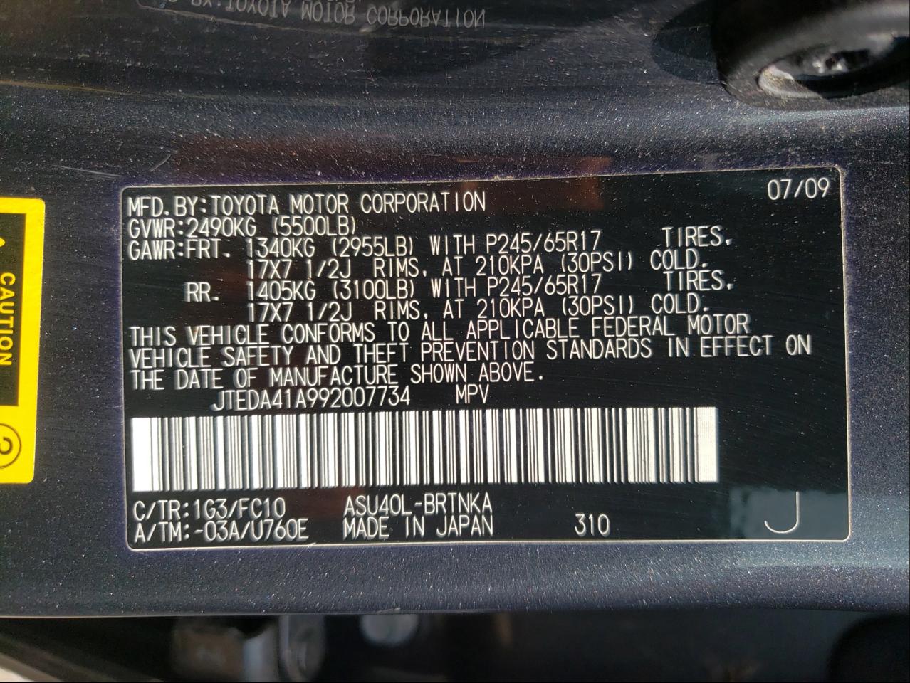 Photo 10 from auction – 2009 TOYOTA HIGHLANDER with VIN JTEDA41A992007734