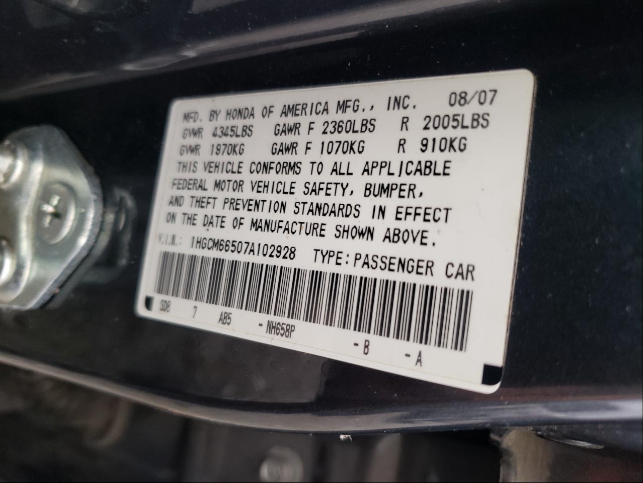Photo 10 from auction – 2007 HONDA ACCORD EX with VIN 1HGCM66507A102928