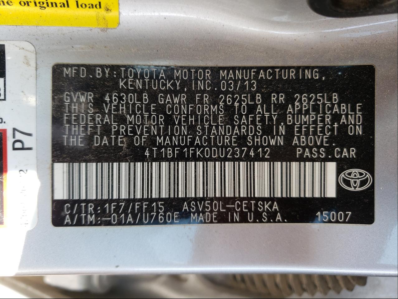 Photo 10 from auction – 2013 TOYOTA CAMRY L with VIN 4T1BF1FK0DU237412